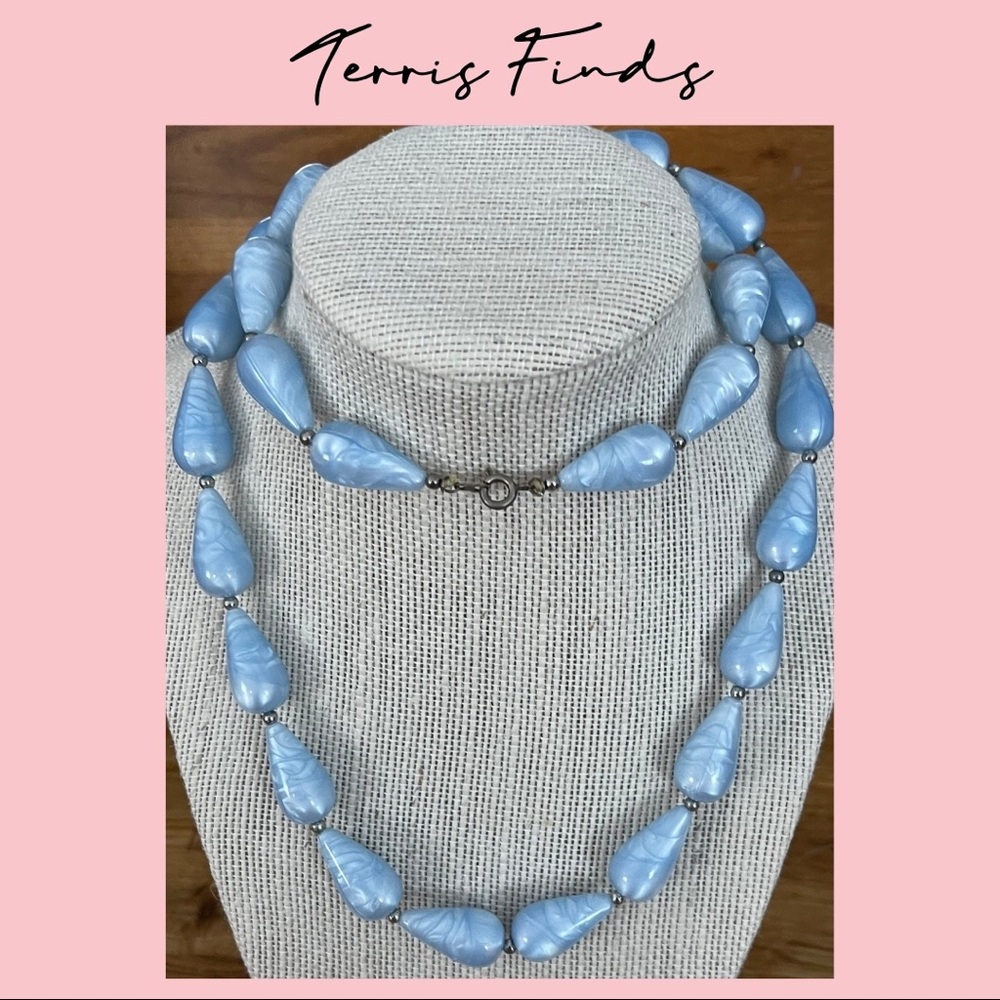 Marbleized Blue and Silver Plastic Beaded Necklace